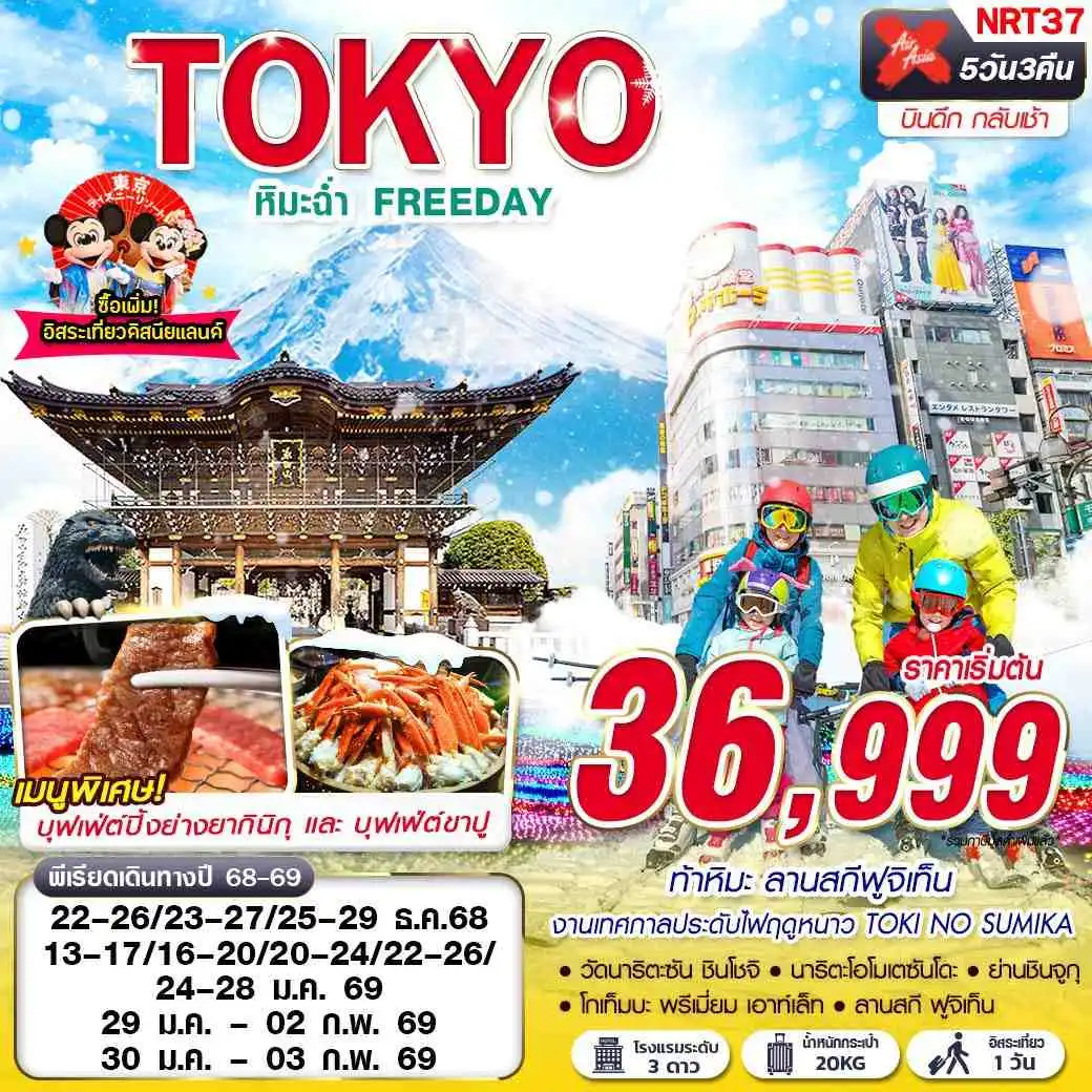 ทัวร์ญี่ปุ่น TOKYO WINTER หิมะฉ่ำ FREEDAY (บินดึกกลับเช้า) 5วัน 3คืน (XJ)
