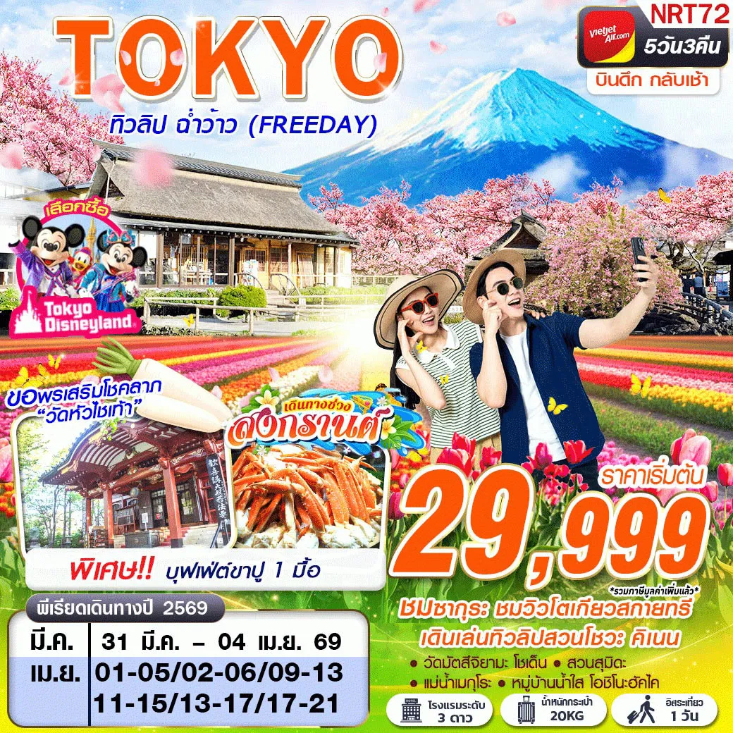 ทัวร์ญี่ปุ่น TOKYO ทิวลิป ฉ่ำว้าว (FREEDAY) บินดึกกลับเช้า 5วัน 3คืน (VZ)